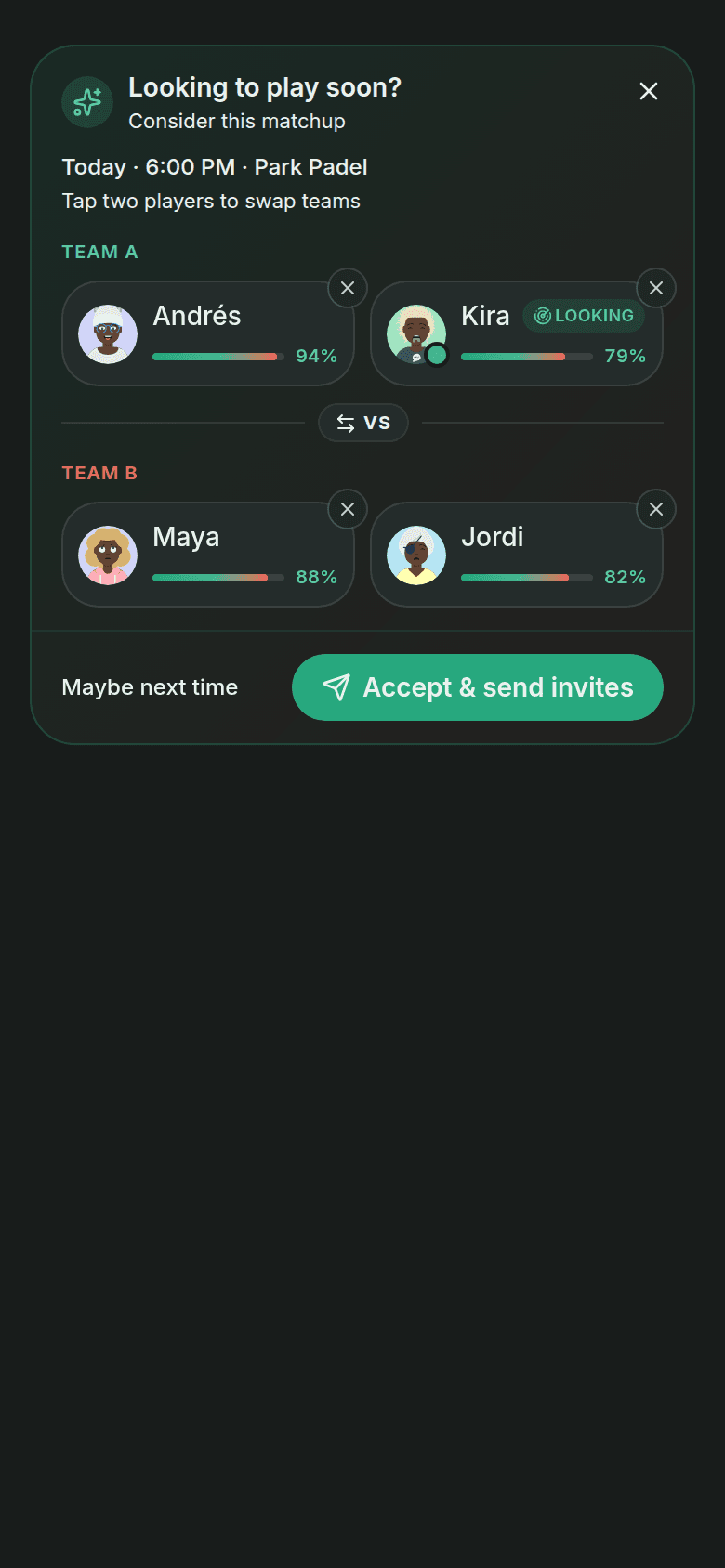 The Match for the day card proposing a balanced 2v2